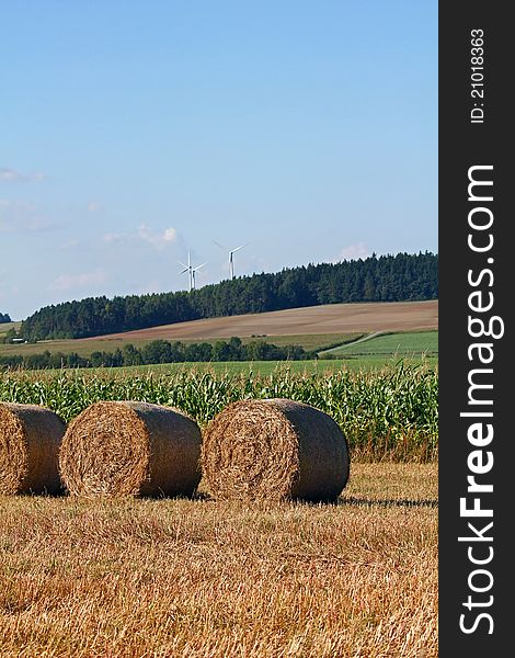 Bale of straw with wind turbine and forest in the background