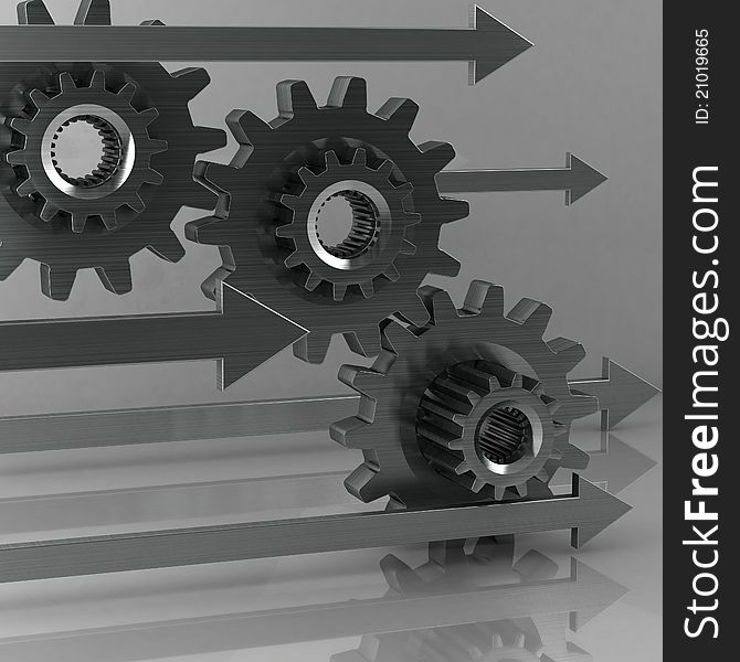 Gears, pinions connecting against reflective titanium as background. Gear wheels group - 3d rendered image with grey pallete. Gears, pinions connecting against reflective titanium as background. Gear wheels group - 3d rendered image with grey pallete.