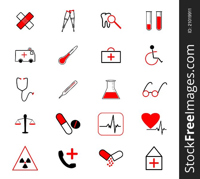 20 different black and red medical icons.