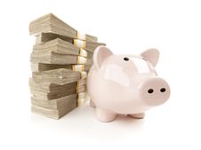 Pink Piggy Bank With Stacks Of Money Royalty Free Stock Photo