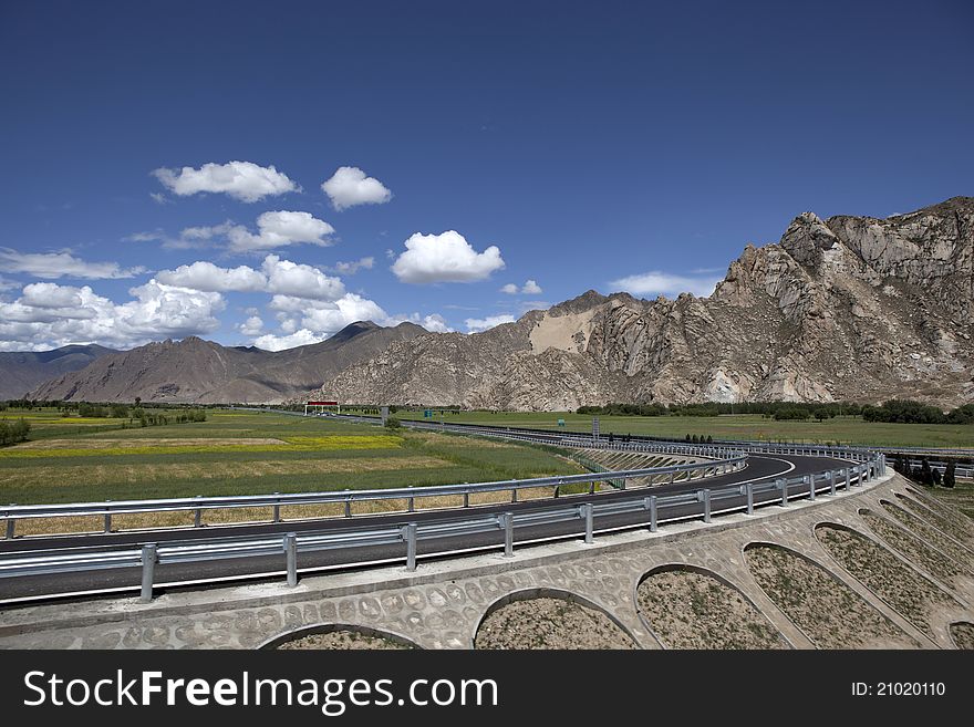 Highway near riverside of Lhasa River. Highway near riverside of Lhasa River
