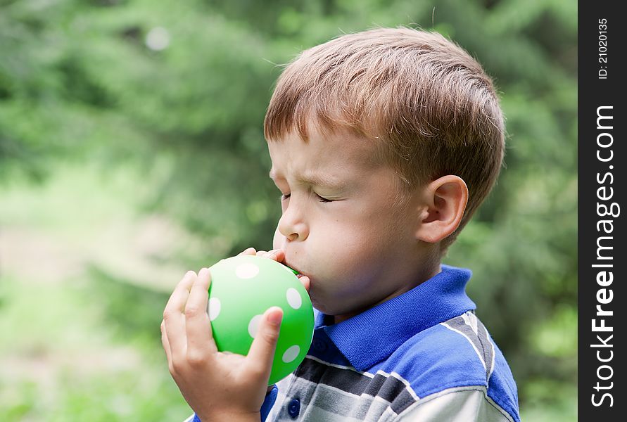 Boy Inflates  Balloon In Park