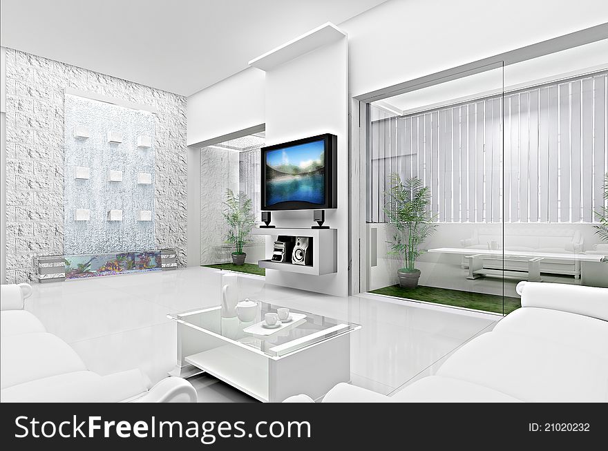 Conceptual 3D visualization for a living room. The concept is totally white and glass and steel. Conceptual 3D visualization for a living room. The concept is totally white and glass and steel.