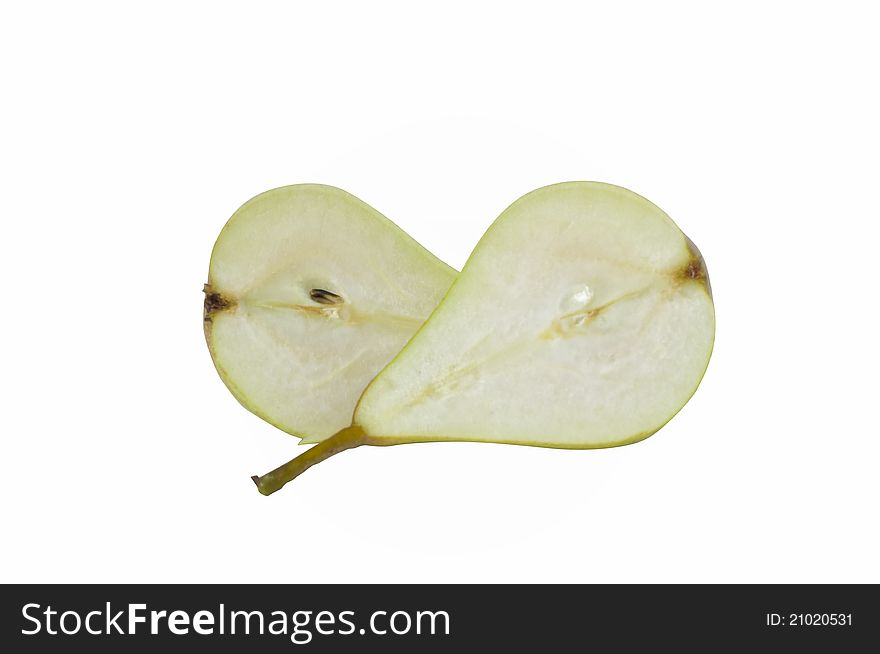 Fresh Pear halved. Not supermarket. Isolated on white.