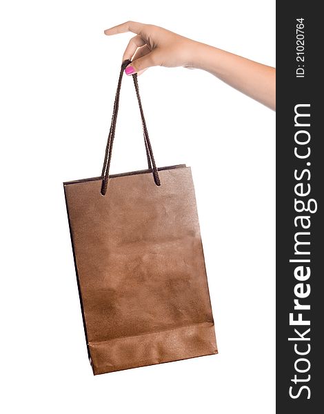 A woman's hand holding a brown paper shopping bag