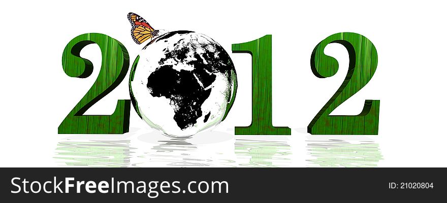 Green 2012 with earth and butterfly in white background