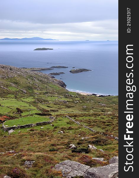Scenic view in kerry ireland of fields coastline and islands. Scenic view in kerry ireland of fields coastline and islands
