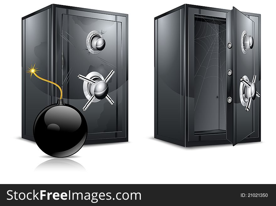 Black metal bank safes and bomb on white, vector illustration. Black metal bank safes and bomb on white, vector illustration