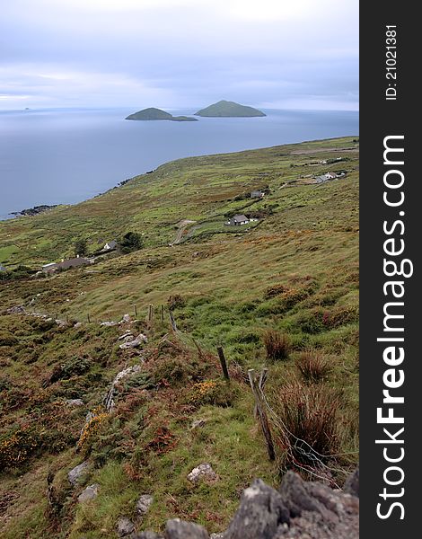 Scenic view in ireland of fields coastline and scarriff islands. Scenic view in ireland of fields coastline and scarriff islands