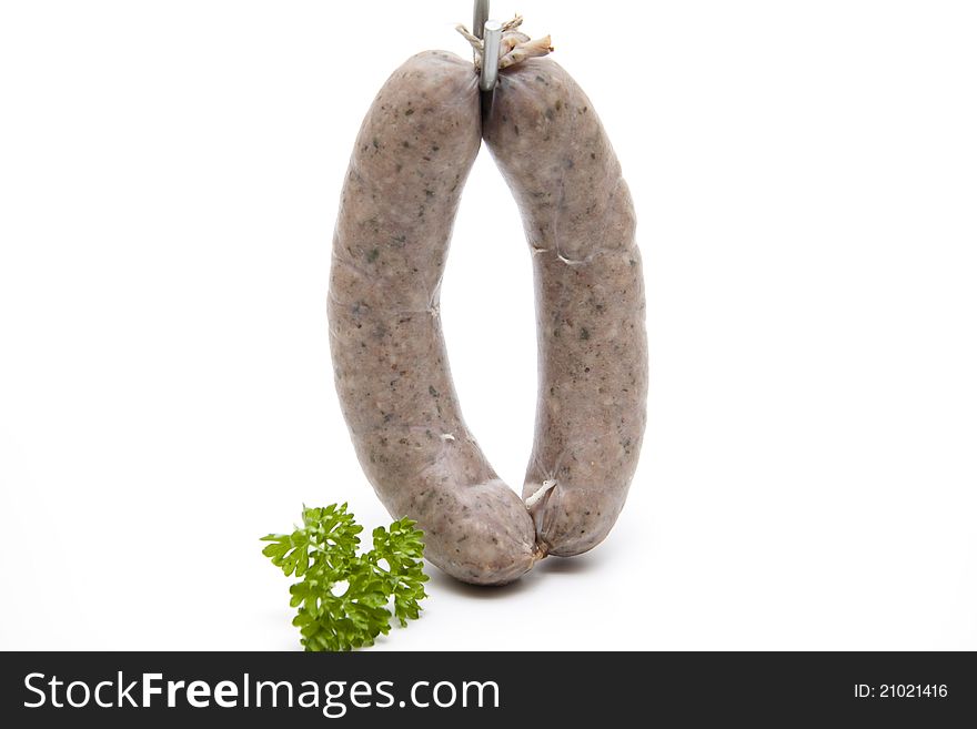 Raw fried sausage on white background. Raw fried sausage on white background