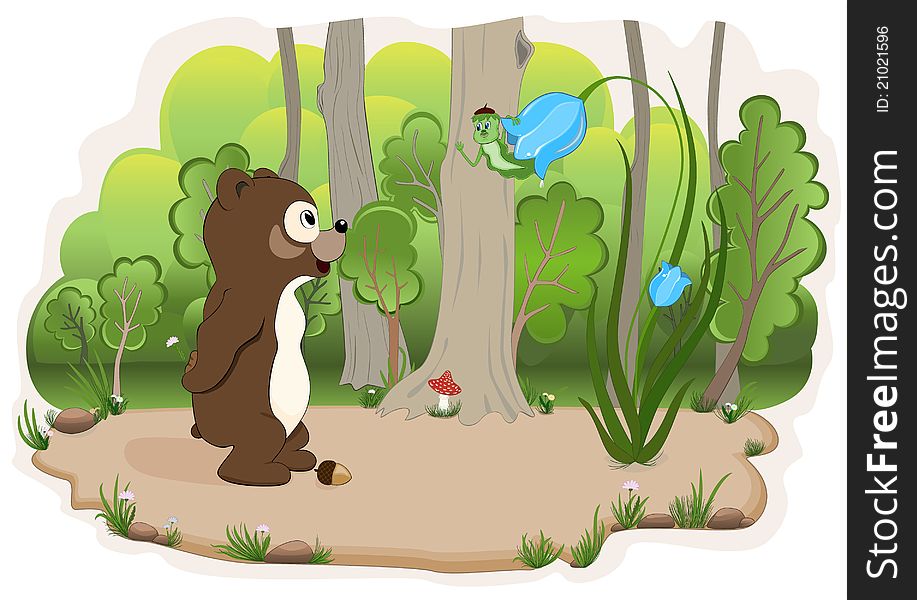 Bear cub and a caterpillar which talk on a wood glade. Bear cub and a caterpillar which talk on a wood glade