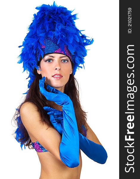 Girl in a hat with feathers on a white background