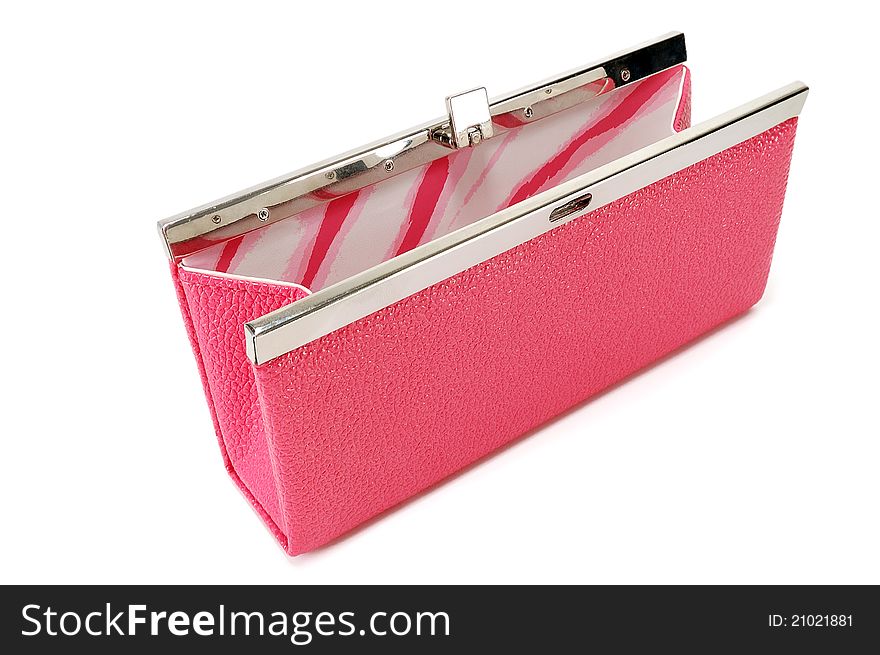 Open pink purse on a white background. Open pink purse on a white background