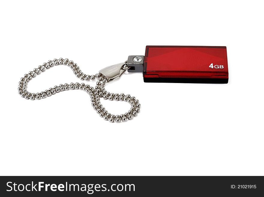 Red computer flash card with a chain on a white background. Red computer flash card with a chain on a white background