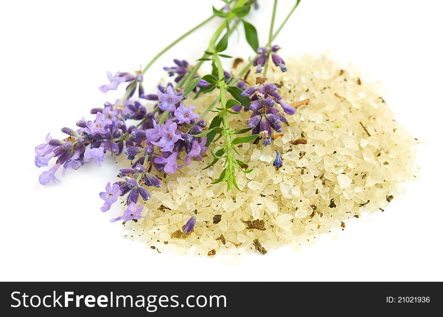 Herbal sea salt and lavender on a white background