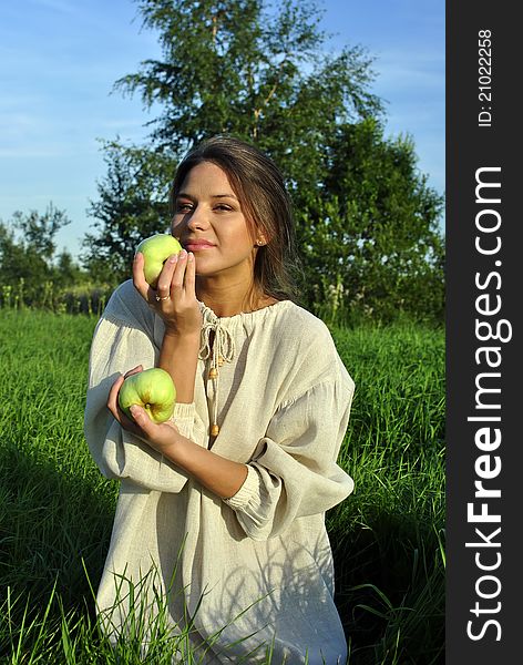 Girl In A Linen Shirt, Holding Apples