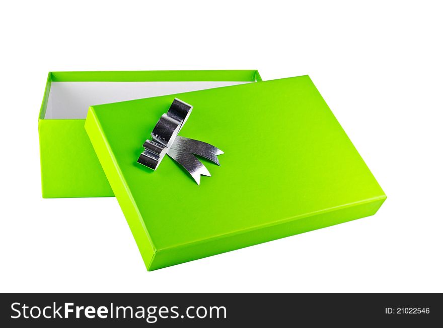An opened green gift box with silver ribbon
