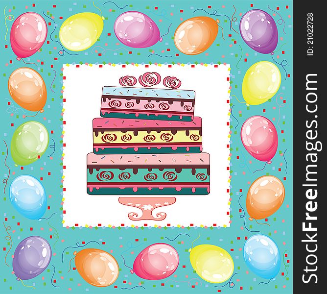 Square birthday card with cake and balloons. Square birthday card with cake and balloons