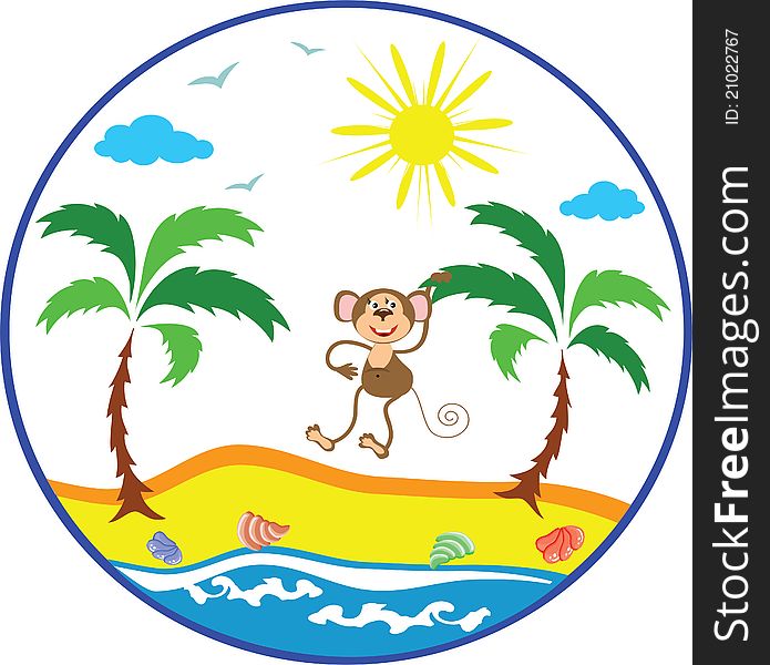 Summer icon with monkey at the palm tree