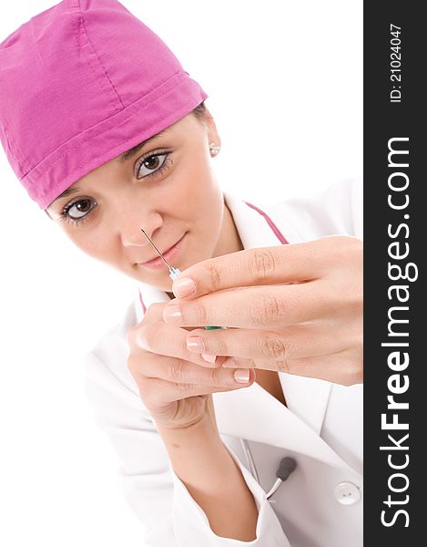 Young female doctor holding syringe