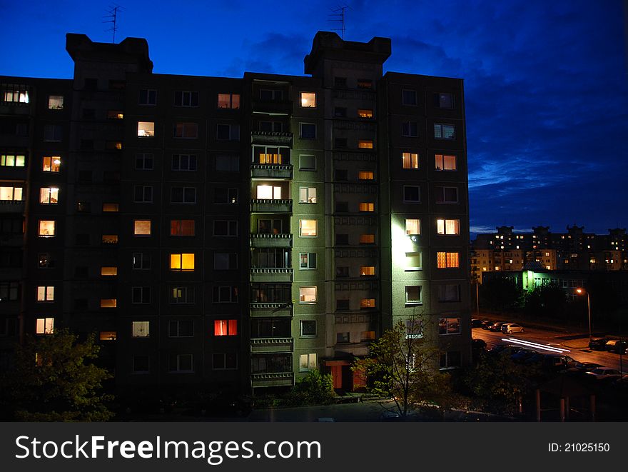 Night time photo of a block of flats in Lithuania. Night time photo of a block of flats in Lithuania