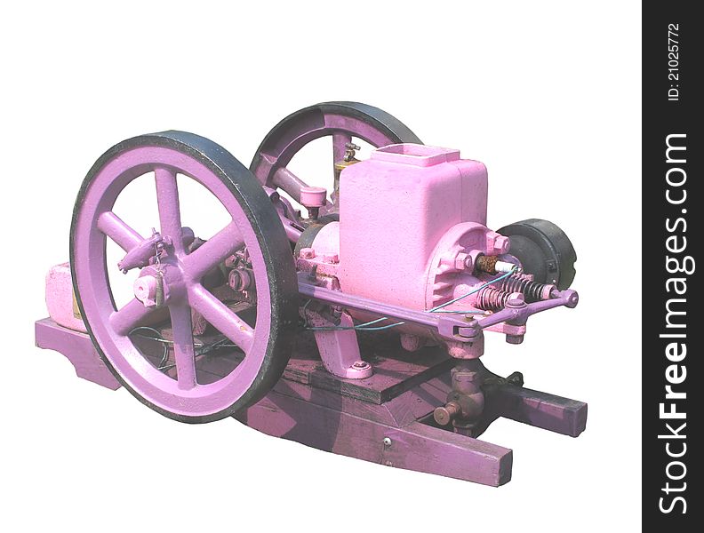 Vintage small single cylinder kerosene engine painted purple and pink. Isolated on white. Vintage small single cylinder kerosene engine painted purple and pink. Isolated on white.