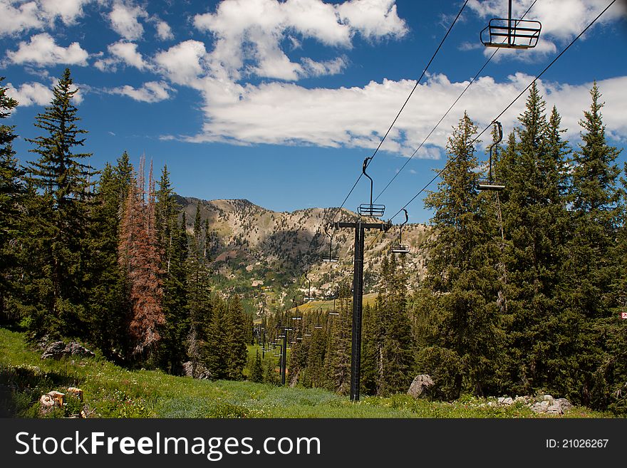 Image of a ski lift during the summertime. Image of a ski lift during the summertime