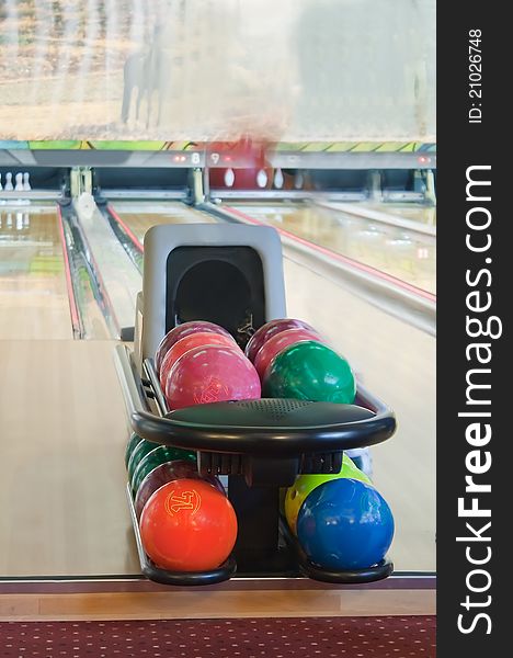 Closeup of the colored bowling balls. Closeup of the colored bowling balls