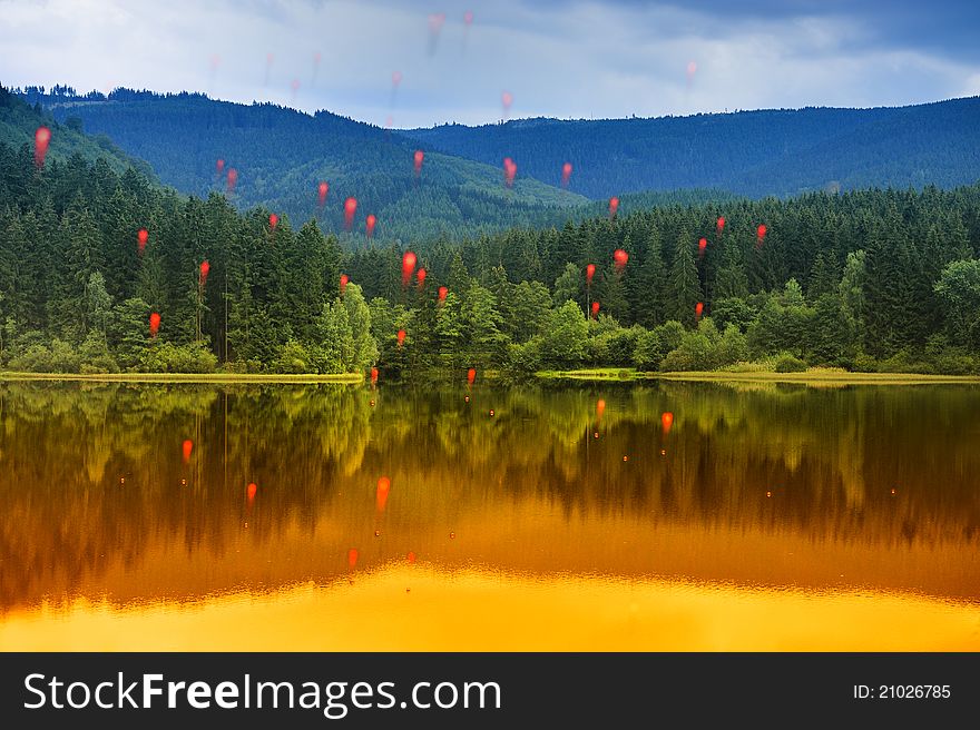 Rowan-tree berries raining in SÃ¶sestausee, Altenau, Harz.