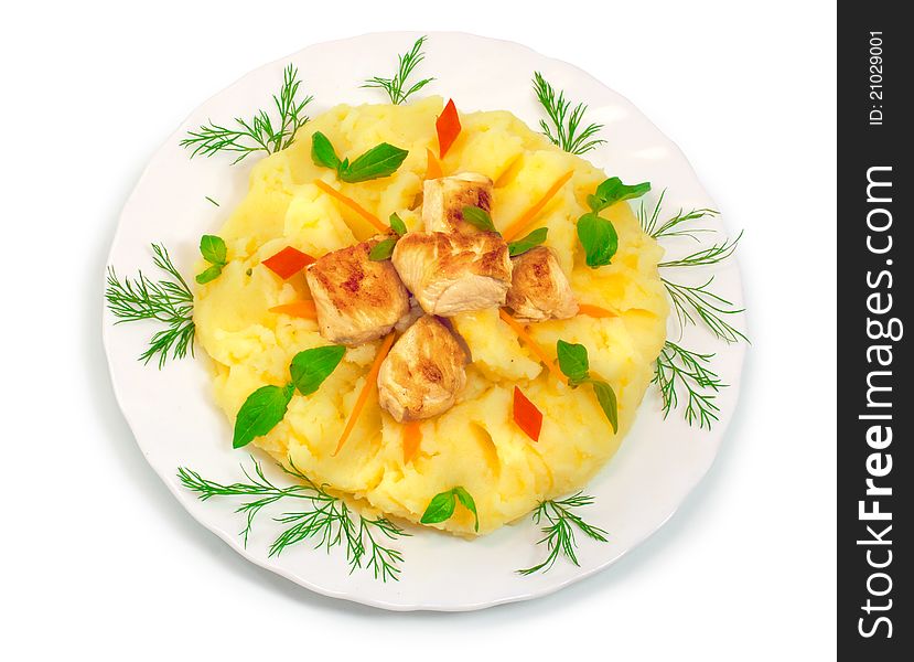 Chicken with Potatoes on white plate decorated with dill