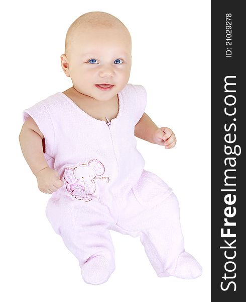 Small smiling baby in a pink dress on a white background. Small smiling baby in a pink dress on a white background