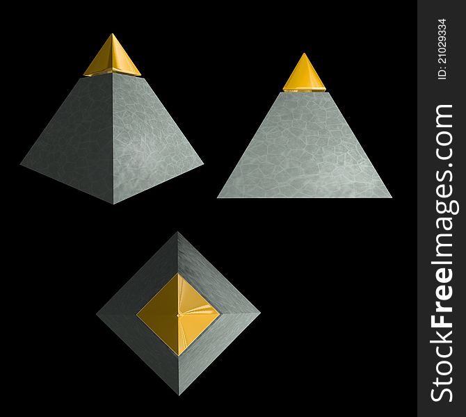 Three views (front, side, top) of an isolated gold-tipped pyramid on black background.