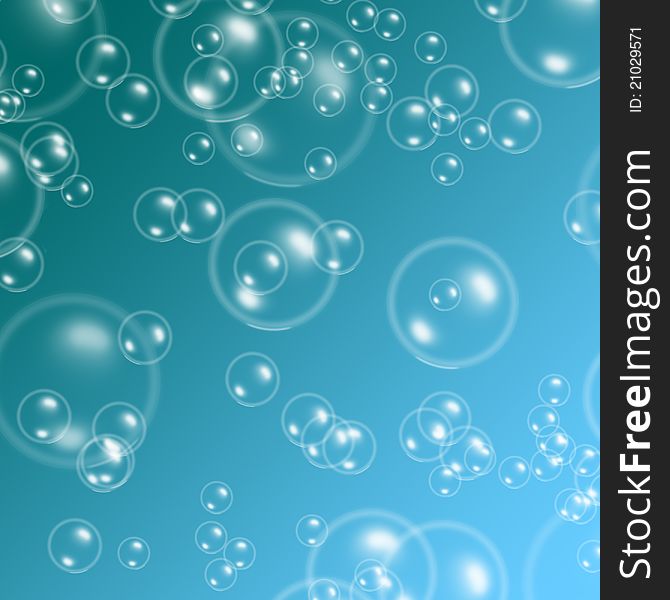 We see many bubbles different size on blue background