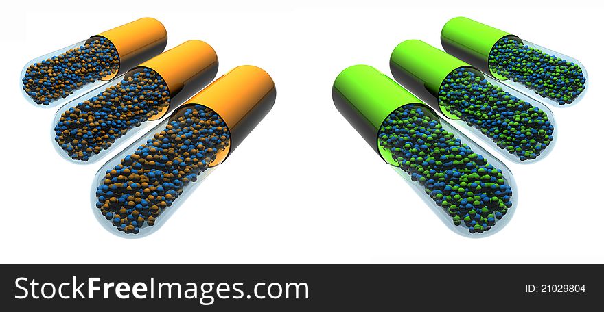 3D rendered isolated green and orange pills
