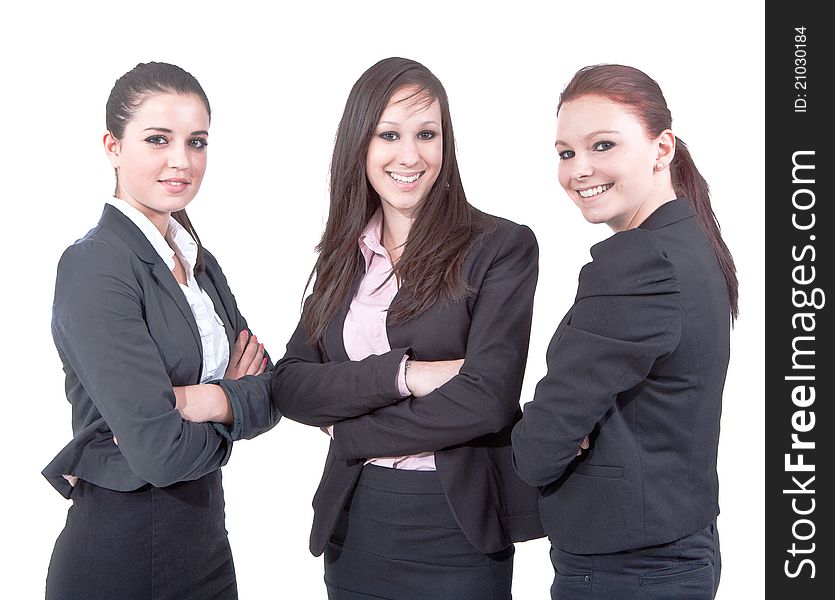 Three young businesswomen isolated over white. Modern, fresh and candid. Three young businesswomen isolated over white. Modern, fresh and candid.
