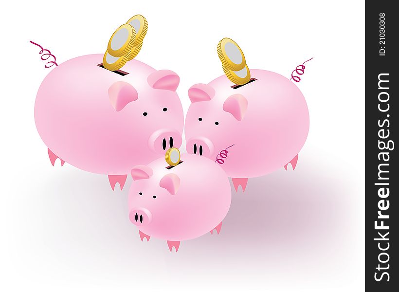 Piggy bank with coins on a white background.