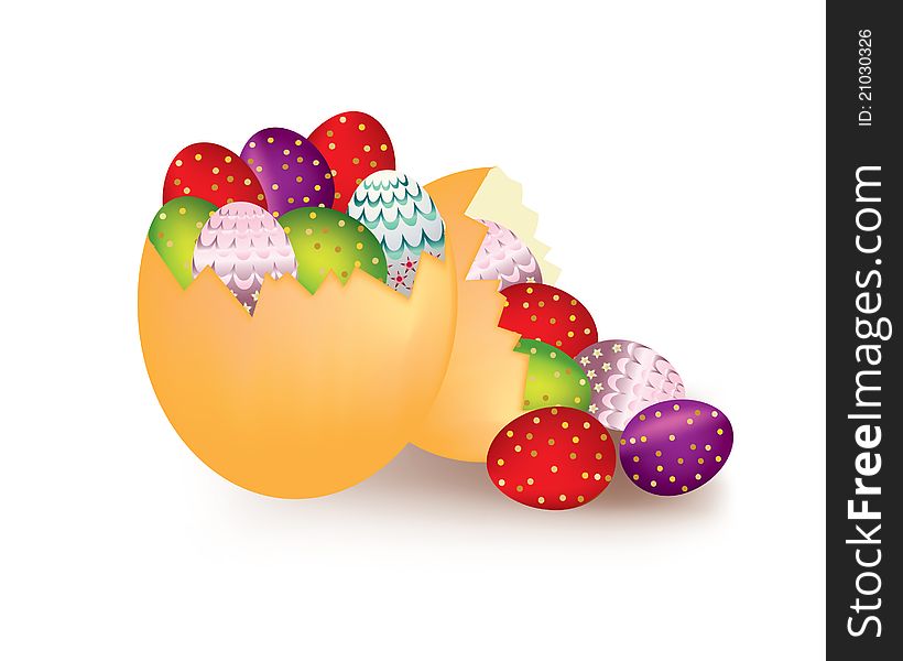 Colorful Easter eggs emerging from a cracked egg shell