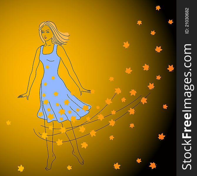 Vector illustration of dancing girl and maple leaves.