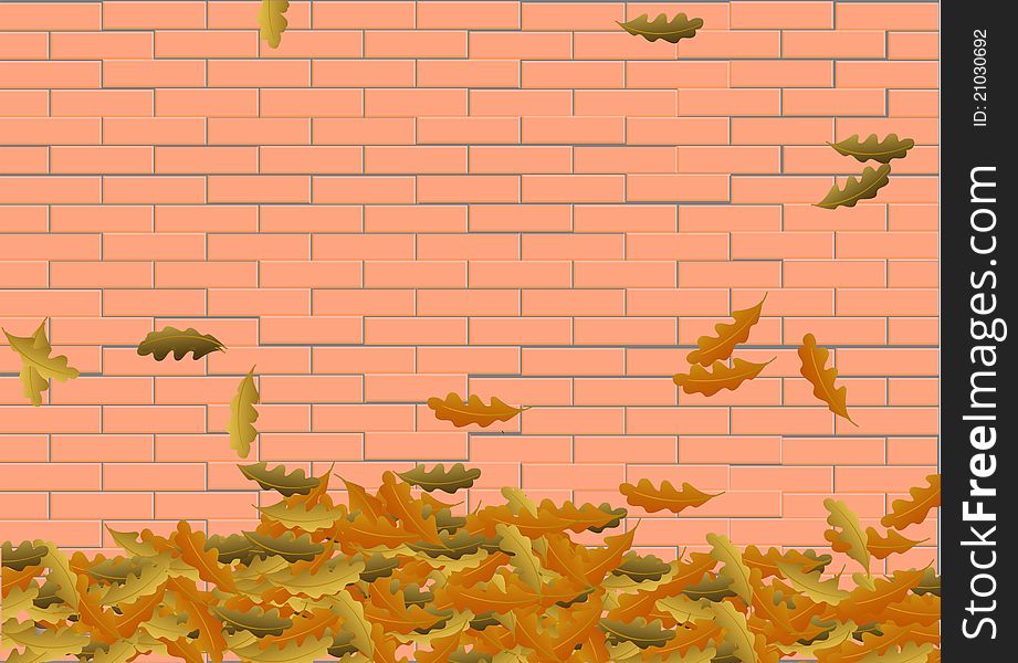Oak leaves in front of a brick wall. Vector Illustration. Oak leaves in front of a brick wall. Vector Illustration