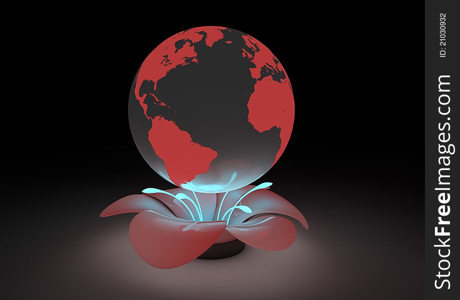 Render of an abstract flower with the planet above it. Render of an abstract flower with the planet above it