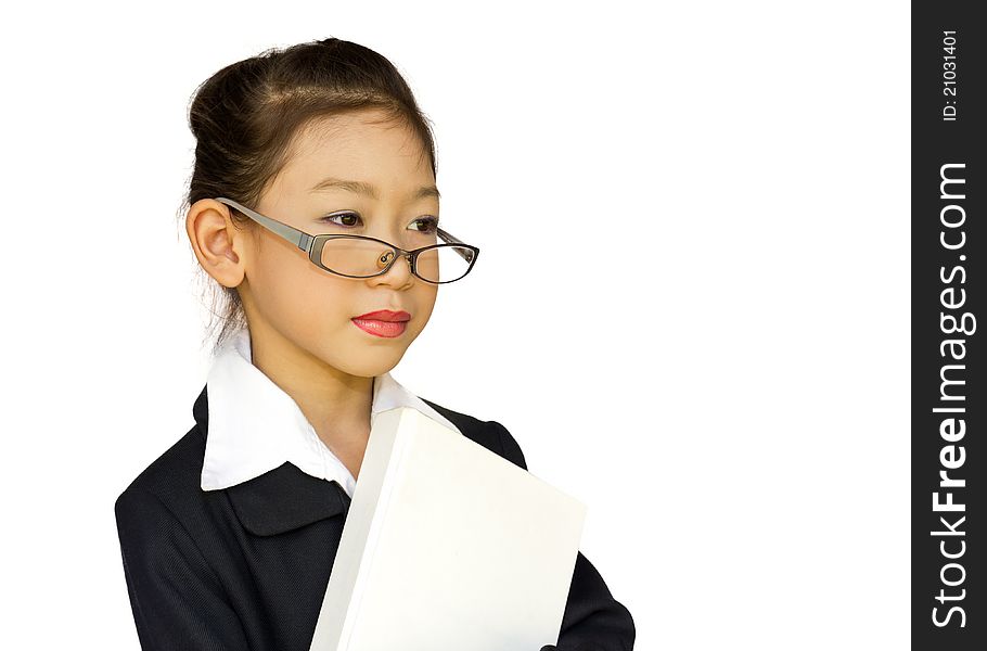 Portrait of a young teacher wearing glasses and holding books back to School on white background