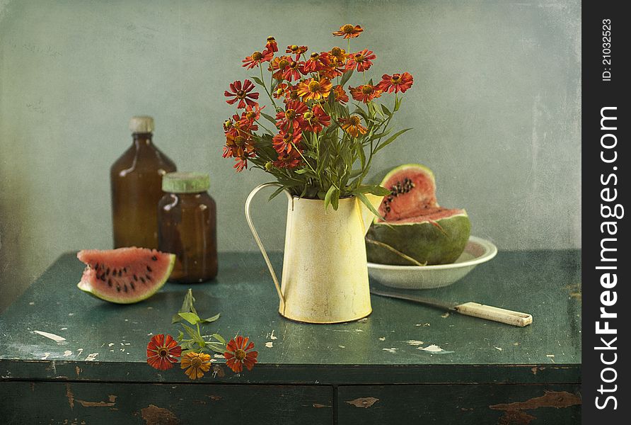 Flowers, water-melon and jars