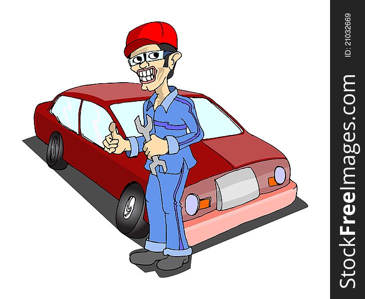 The mechanic in blue uniform standing in front of red city car. The mechanic in blue uniform standing in front of red city car