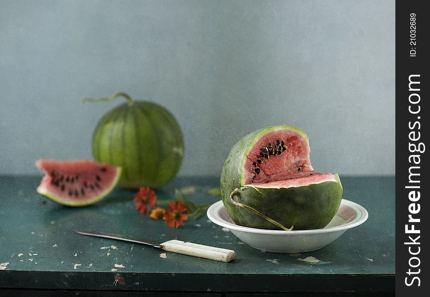 Still life with two water-melons