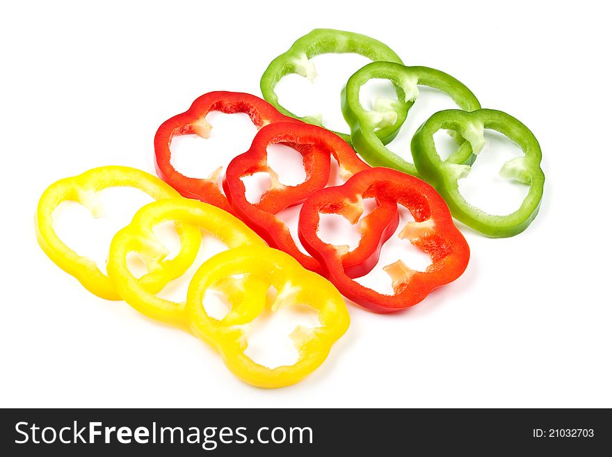 Slice Bell Pepper in a row with white background. Slice Bell Pepper in a row with white background