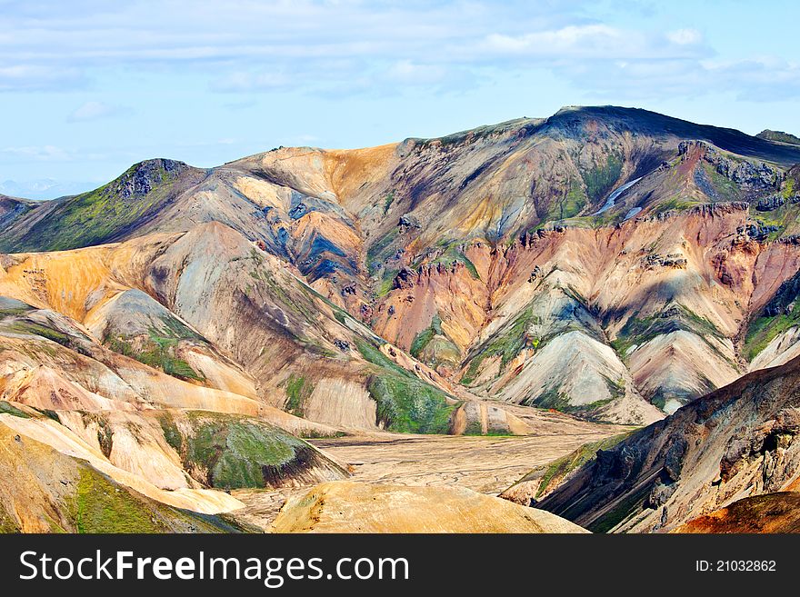 Colorful mountain landscape on sunny day. Iceland