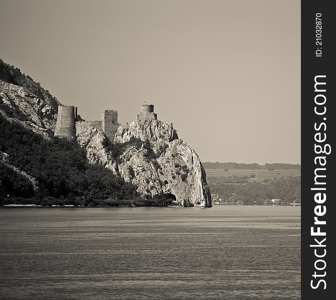 Golubac fortress in Serbia seen from the Romanian side of Danube river.