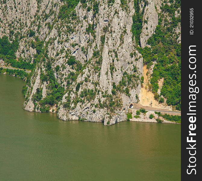 Landscape in the Danube Gorges Cazanele Mari seen from the Romanian side.