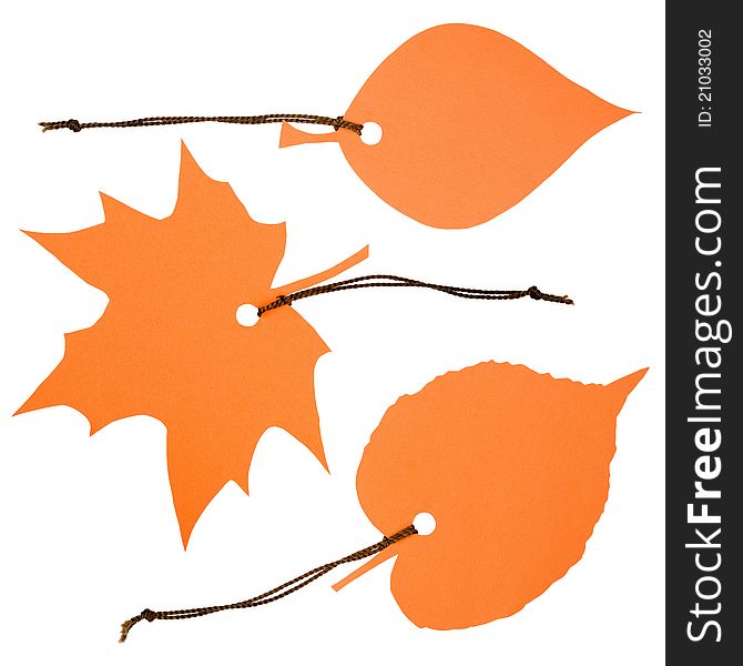 Three orange leaf-shaped labels