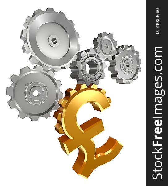 Pound golden symbol and metal cogs isolated on white background